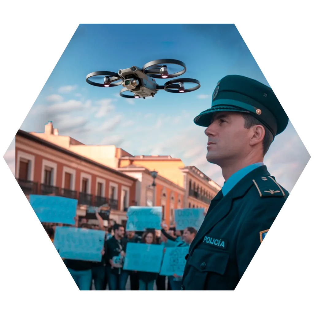 Policía nacional vigilando los drones del espacio aéreo en ciudad protegida por tecnología antidrón ASDT.