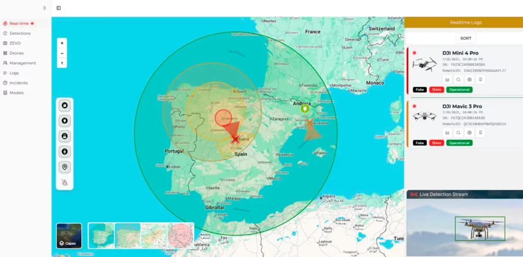 Detecciones en tiempo real Panel de control del sistema ASDT mostrando detecciones de drones en tiempo real junto al histórico.
