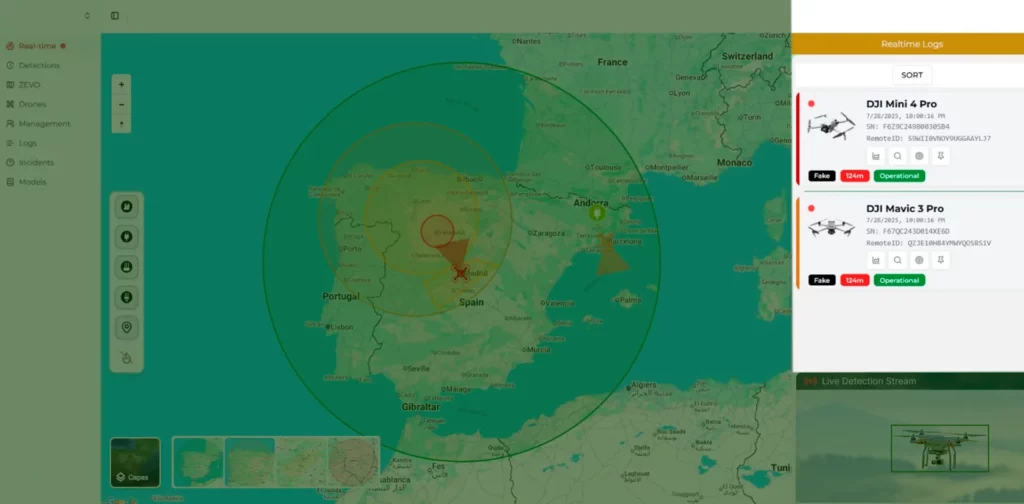 Información detallada de los drones detectados Interfaz del sistema ASDT mostrando la ficha de información detallada de un dron detectado.