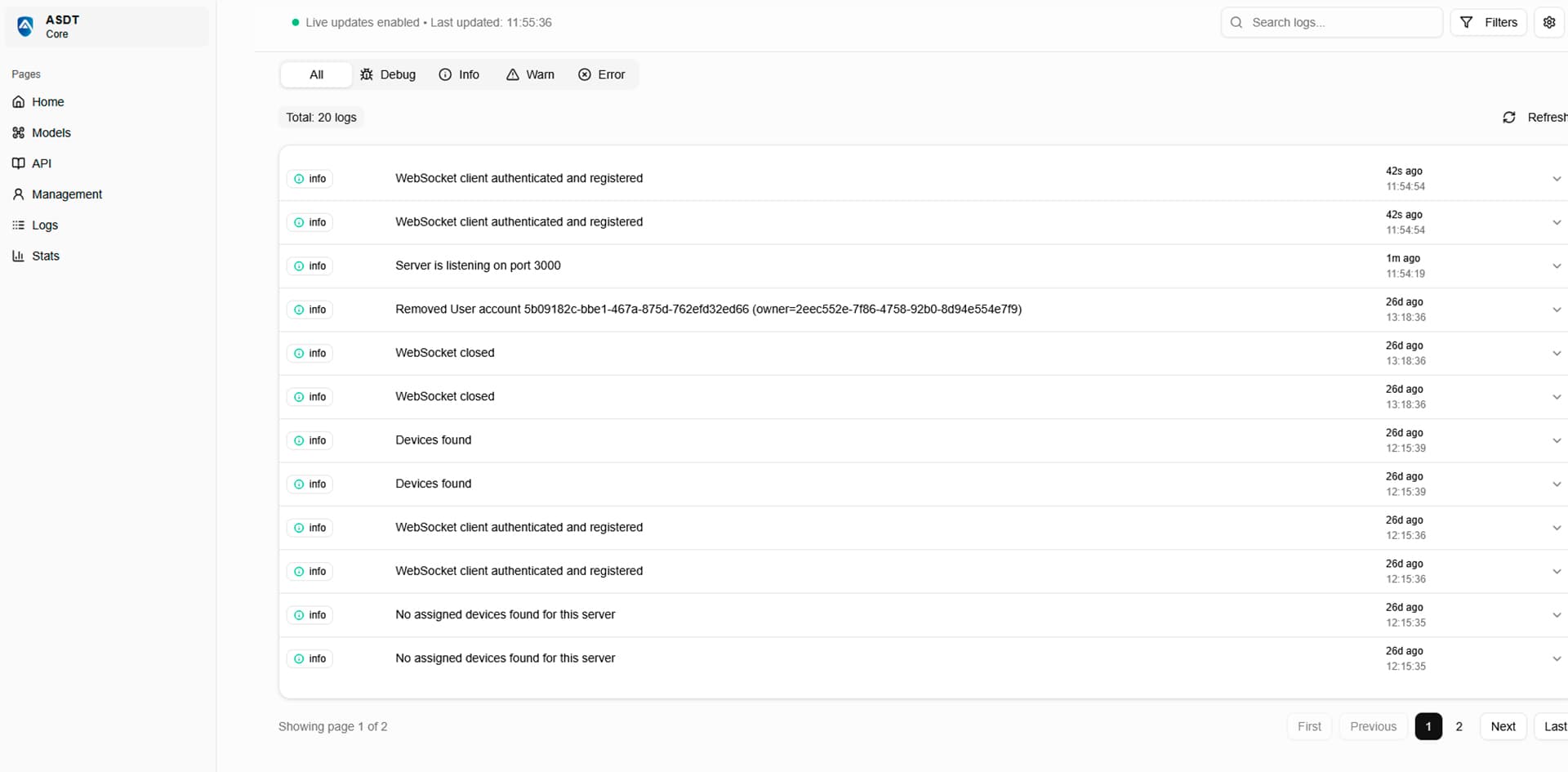 Registros(logs) y Auditoría Interfaz del sistema ASDT mostrando el registro de logs con la actividad de los usuarios.