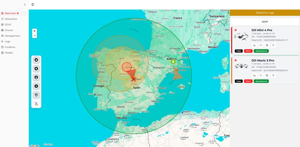 Zonas de alerta Mapa del sistema de gestión ASDT mostrando zonas de alerta y seguridad predefinidas geográficamente.