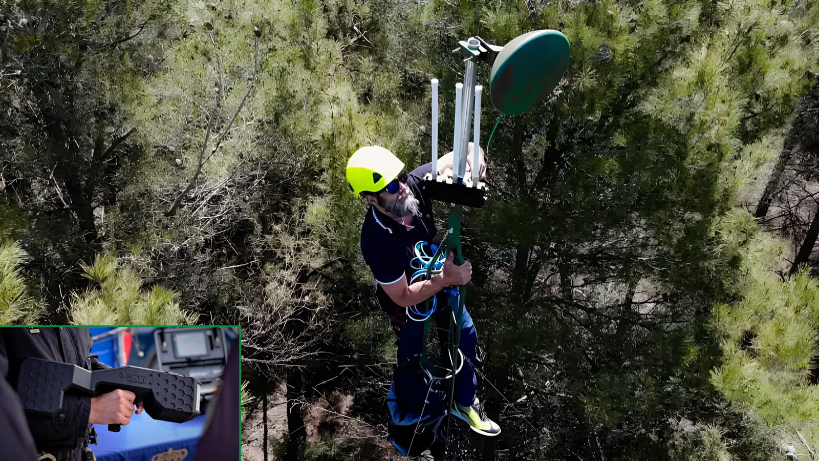 The anti-drone system that supports the National Police in Fallas, Madrid and major events 2 Technician in ASDT helmet installing communications antenna in forest and lower box with officer holding drone jamming rifle.